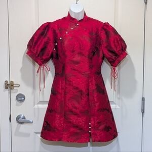 EUC Daphale Studios Large Bright Red Brocade Cheongsam Style Mini Dress